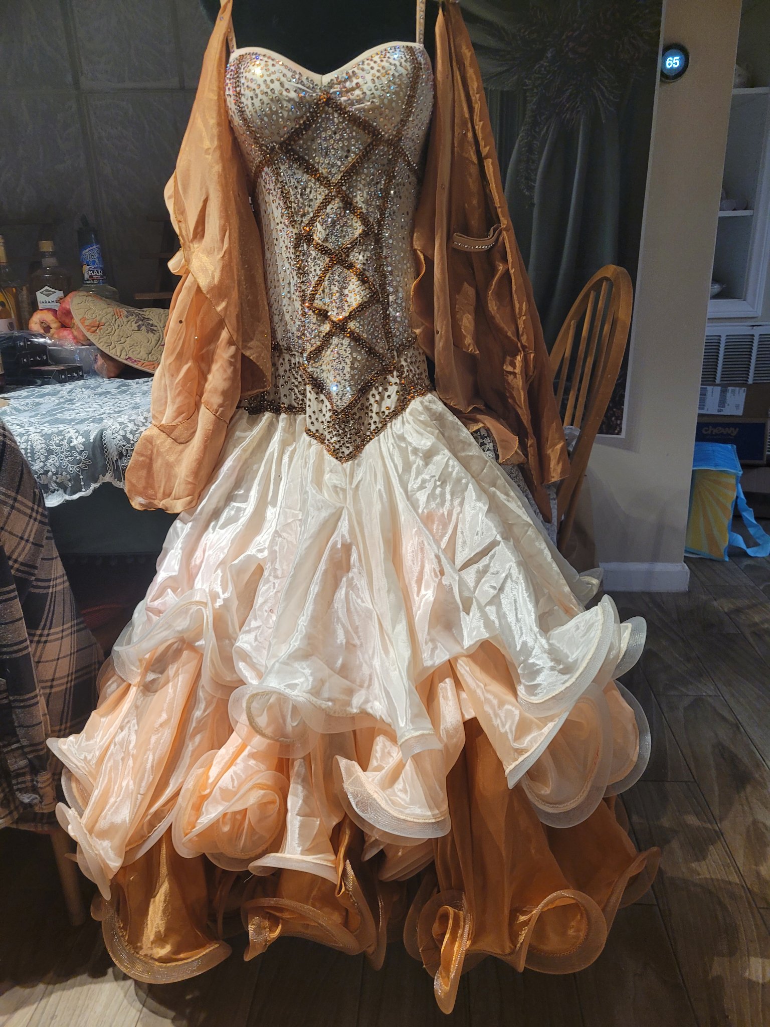 Custom Ballroom Standard Gown — Cream & Copper Satin Chiffon, Very Heavily Stoned, Adult S — PRICED TO SELL
