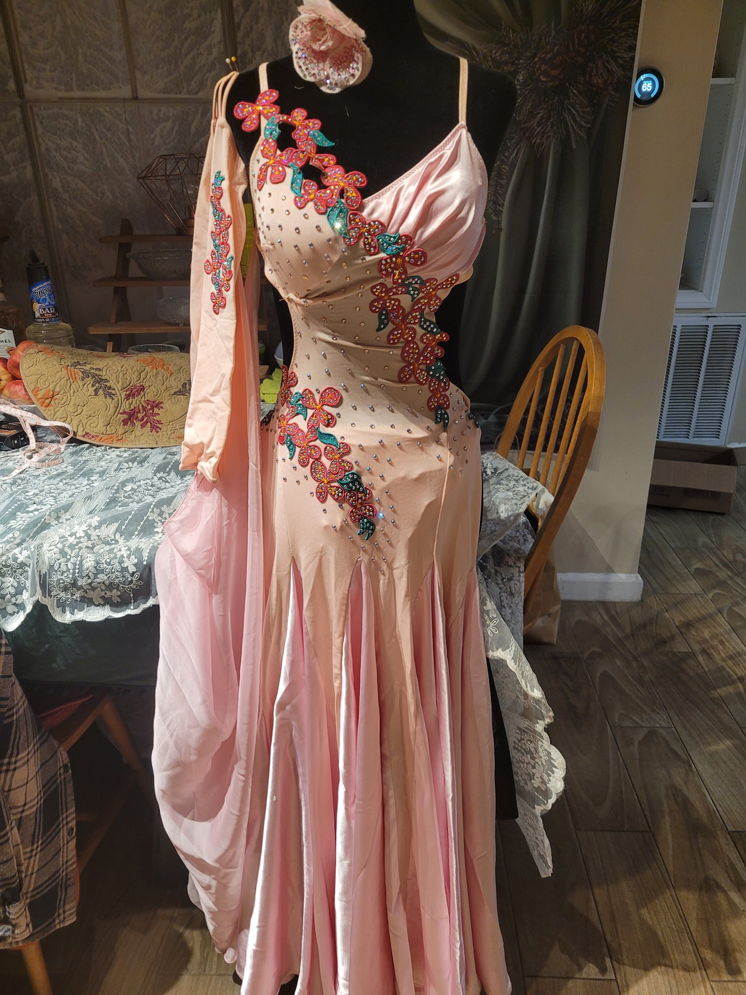 Custom Ballroom Standard & Smooth Gown — Blush Pink, Floral Appliqué & Crystals, Adult S